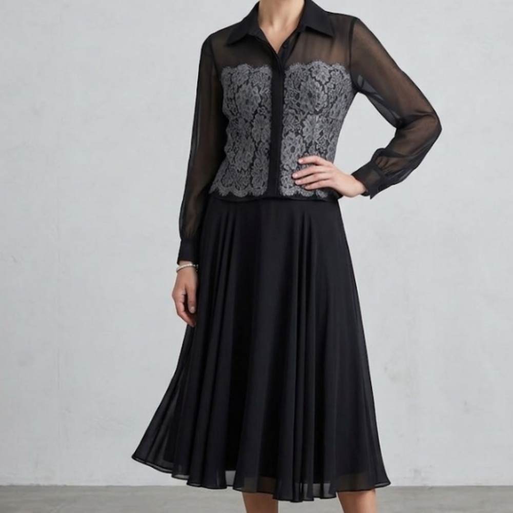 Vintage Tadashi Lace Embroidered Lace Silk Skirt Set Long Sleeve Blouse Sz 10,12